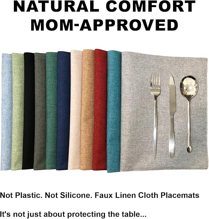 Cloth Placemats Set of 6, Cotton Linen Blend Machine Washable Double Layered Place Mats, Heat Resistant Placemats Wrinkle Free Thick Fabric Dining Table Mats for Indoors & Outdoors (Black, 6)