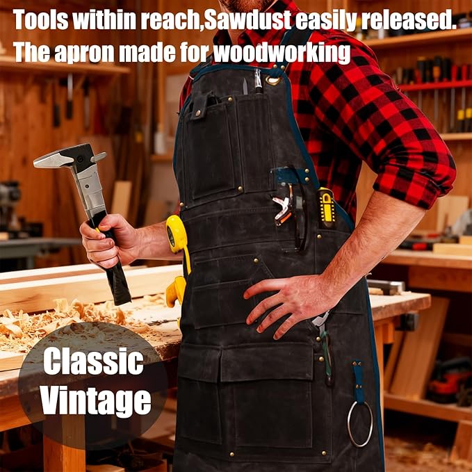 20-Pocket Heavy-Duty Waxed Canvas Work Apron – Fully Adjustable, Vintage Style Tool Organizer