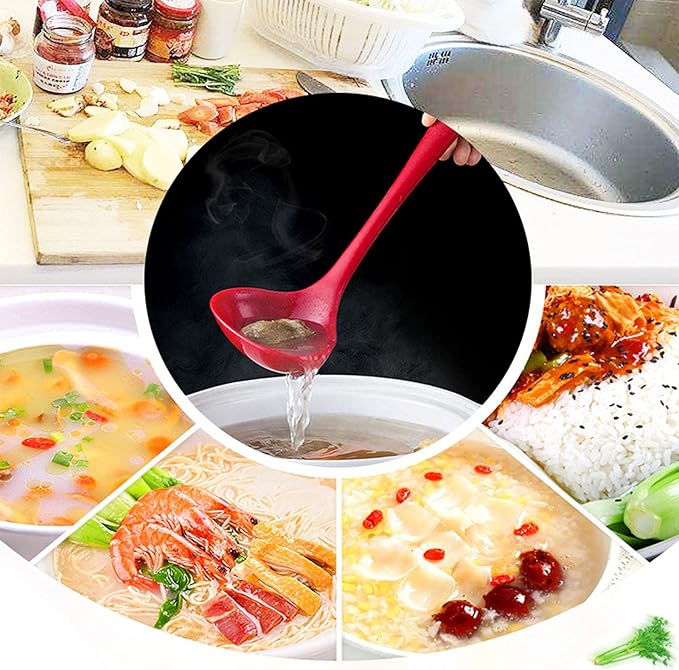 Set Of 5 Silicone Soup Ladle Spoons,High Heat Resistant SetNon-Stick Home Spoons Suitable For Serving & Cooking, Red Blue Black Orange Green Silicone, 7.87x2.55 (KK888)
