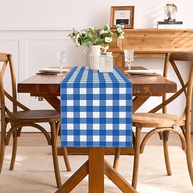Blue and White Checkered Table Runner Gingham Plaid Birthday Party Decoration BBQ Picnic Dining Room Home Kitchen Table Decor (Blue, 13" x 72")