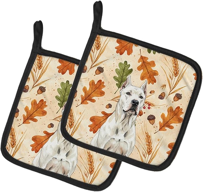 Caroline's Treasures Dogo Argentino Heirloom Fall Pair of Pot Holders Pair 7.5x7.5 Quilted Insulated Hot Pads Decorative Kitchen Gift Made in USA