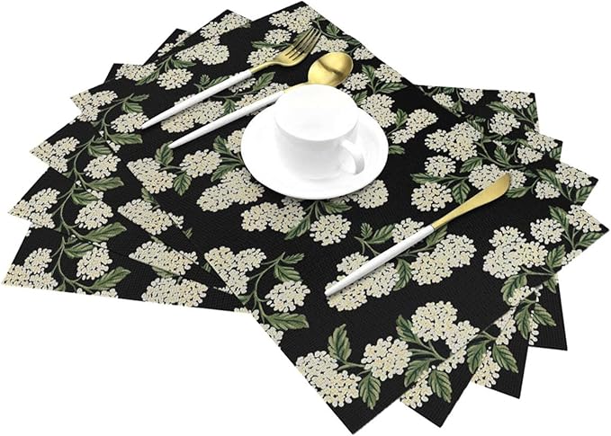 Spring Place mats Set of 4,12x18 Inches Black Beige Hydrangea Floral Decorative Summer Decor Flower Placemats Rectangle Spring Table Mats for Party Home Kitchen Dining Table Decoration