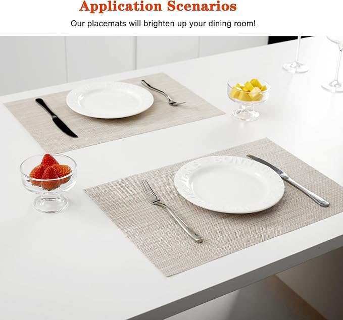 Placemats Set of 12,Washable,Heat and Stain Resistant Indoor/Outdoor Place mats,Vinyl Woven Non Slip Table Mats for Restaurant Table Protection,PVC Placemats(Beige White,12PCS)