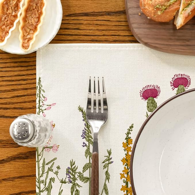 Artoid Mode Antique Herbs and Wild Flowers Summer Placemats Set of 8, 12x18 Inch Seasonal Wildflower Spring Table Mats for Party Kitchen Dining Decoration