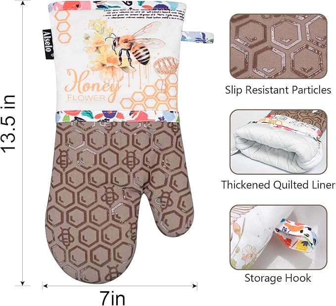 Alselo Oven Mitts, Heat Resistant with Soft Quilted Cotton Lining Set of 2, Fashion Bee Design with Silicone Printing Anti-Slip Kitchen Gloves for Safe Backing Cooking Barbecue (Khaki, Bee)