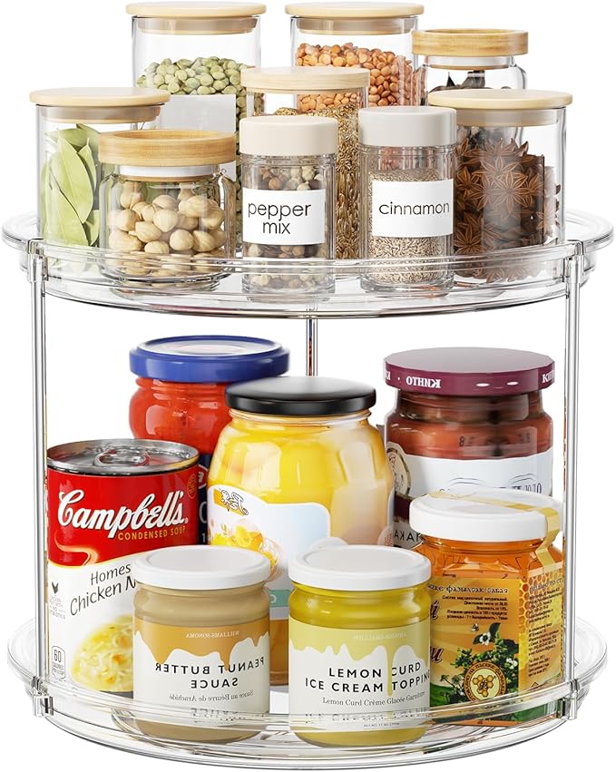 2 Tier Lazy Susan Organizer, 9.25'' Lazy Susan Turntable for Cabinet, Stackable Turntable Organizer Rotating Spice Rack Organization for Kitchen Countertop, Pantry, Bathroom, Clear