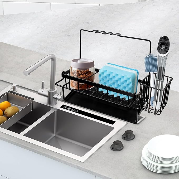 Yazoni Sponge Holder for Kitchen Sink, Rustproof Kitchen Sink Organizer Countertop Holder with High Brush Holder, Multifunctional Soap Dispenser Kitchen Organizers and Storage Essentials