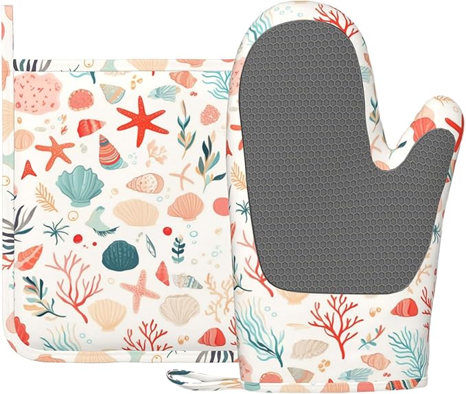 Cartoon Starfish and Shells Oven Mitts and Pot Holders Sets Silicone Kitchen Mitts Potholders Heat Resistant Oven Gloves Hot Pads for Kitchen Baking Cooking BBQ