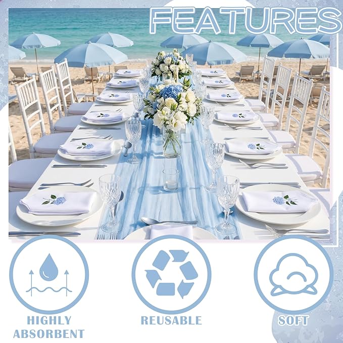 HunnmingRe 12 Pcs Blue Hydrangea Cloth Napkins Bulks 100% Cotton Spring Floral Dinner Tea Party Cocktail Napkins Embroidered Handtowel Country French Reusable Washable for Kitchen Weddings 17x17inch