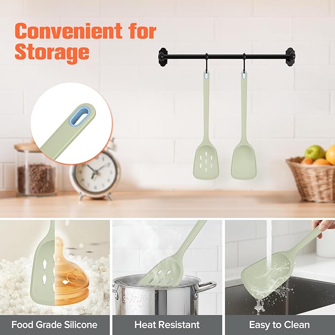 Silicone Cooking Spatula&Slotted Spatulas, Pack of 2,Solid Turner Kitchen Utensils Set for Cooking,Frying, Baking, Flipping, Turning,Heat Resistant 450℉ (Green)