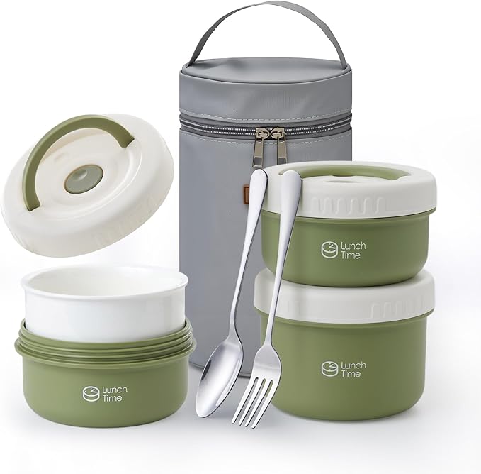 Bento Box Adult Lunch Box Set, 3 Pcs Ceramic Lunch Containers for Adults, 14 Oz+14 Oz+21 Oz Adult Lunchable Containers with Insulated Bag, Leak-Proof, Microwave Safe (Green (Ceramic Liner))