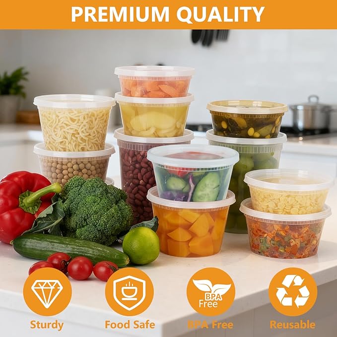 NESCCI 96 Pack (192-Piece) Deli Containers with Lids, 32/16/12/8 oz X 24 Set Each, Leak-Proof & BPA Free Airtight Takeout Plastic Food Storage Containers for Soup, Meal Prep, Microwave/Freezer Safe