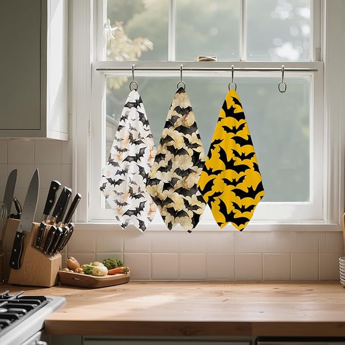 3 Pcs Halloween Bat Kitchen Towels, Vintage Decorative Absorbent Microfiber Dish Cloth Tea Towel, Durable Waffle Hand Towels for Farmhouse Home Bathroom, Halloween Gifts for Women