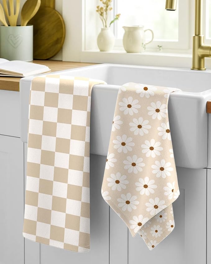 Miss Adola 2 Pack Flour Sack Kitchen Towels - 16x26 Inch Cotton Dish Towels with Hanging Loop Reusable Geometric Boho Modern Retro Tea Towel Absorbent Dishcloths Home Decor, Beige Checkered Flower