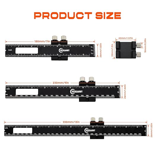 3PCS Black Metal Woodworking Ruler, Adjustable 6/8/12 Inch Precision Pocket Slide Ruler,Inch and Metric Measuring Ruler for Woodworker (Black)