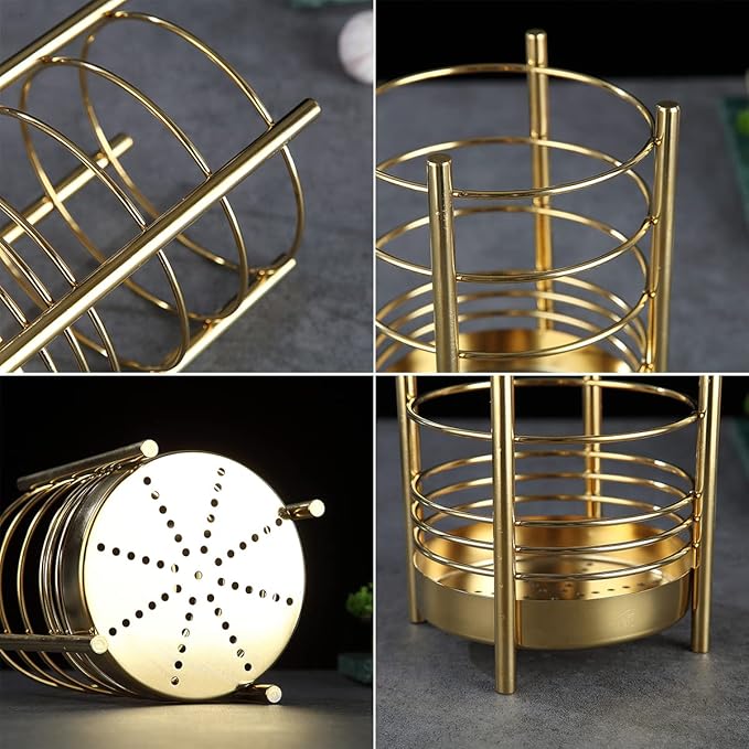 Gold Kitchen Utensil Holder for Kitchen Counter, Stainless Steel Utensil Crocks, Gold Titanium Coating Utensil Storage Caddy Organizer, Cooking Utensil Holder, Easy Cleaning (Gold/7.4''x5.2'')
