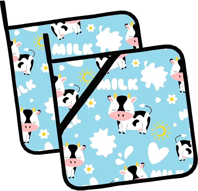 Pot Holders for Kitchen Heat Resistant Pot Holders,Cute Cartoon Black and White Cow Set of 2 Oven Hot Pads for Cooking Baking BBQ Gifts for Women Men