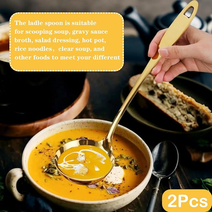 2Pcs Soup Ladle Soup Spoons 304 Stainless Steel Gold Ladle, 12.2Inch Long Handle Large Serving Spoon for Cooking Buffet, Party, Kitchen, Gold