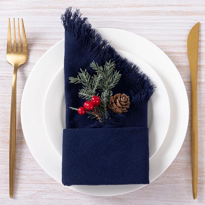 DeZerlor 12 Pack Navy Blue Cotton Linen Napkins with Fringe Spring Cloth Napkins Set of 12 Boho Handmade Dinner Napkins Bulk for Wedding Bridal Baby Shower Parties, 17 x 17 Inches