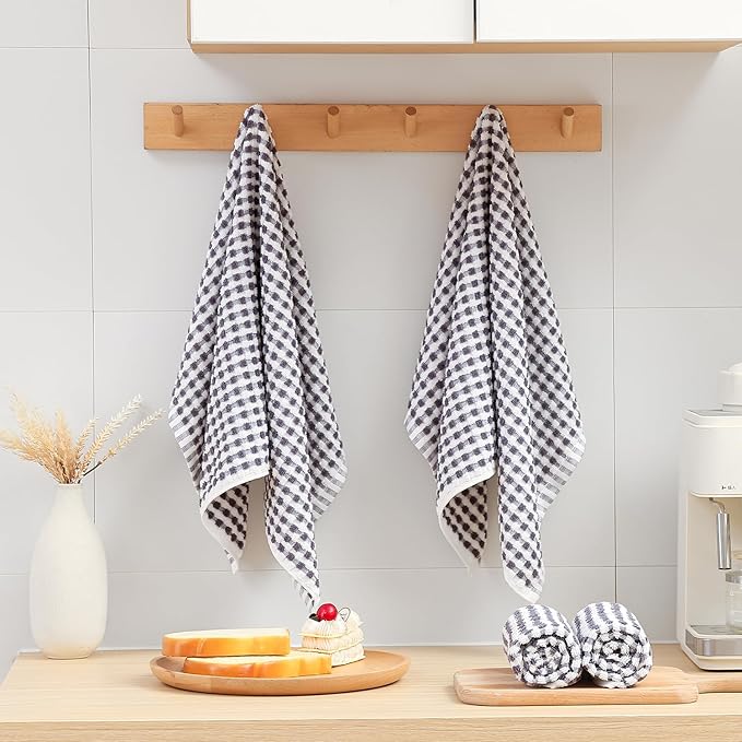SALAS Cotton Dish Towels Cloths for Kitchen Drying Dishes, Lattice Terry Towels, Highly Absorbent Kitchen Cloths with Hanging Loop, 16‘’ x 26‘’, 4 Packs, Gray