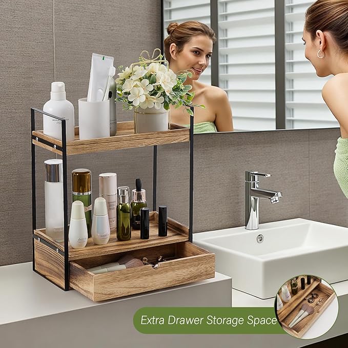 2-Tier Bathroom Organizer Countertop with Drawer, Wood Counter Shelf for Storage, Cosmetic Storage Vanity Tray for Bathroom Organization for Kitchen, Office
