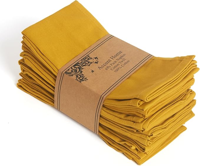 ACCENTHOME Accent Home 100% Cotton Napkins, Delicate Cloth Napkins for Dinners, Parties and Weddings，18 x 18 Inch Set of 6 - Mustard
