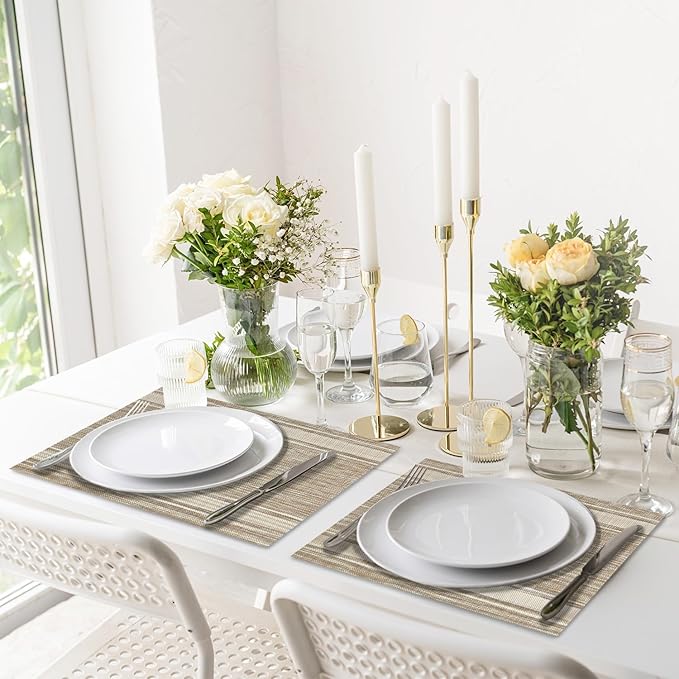 Beige Linen Placemats Set of 4, Classic Rectangle Table Mats, Linen Fabric Placemat for Indoor & Outdoor Kitchen Dining Home Decor, 12 x 18 Inch -06