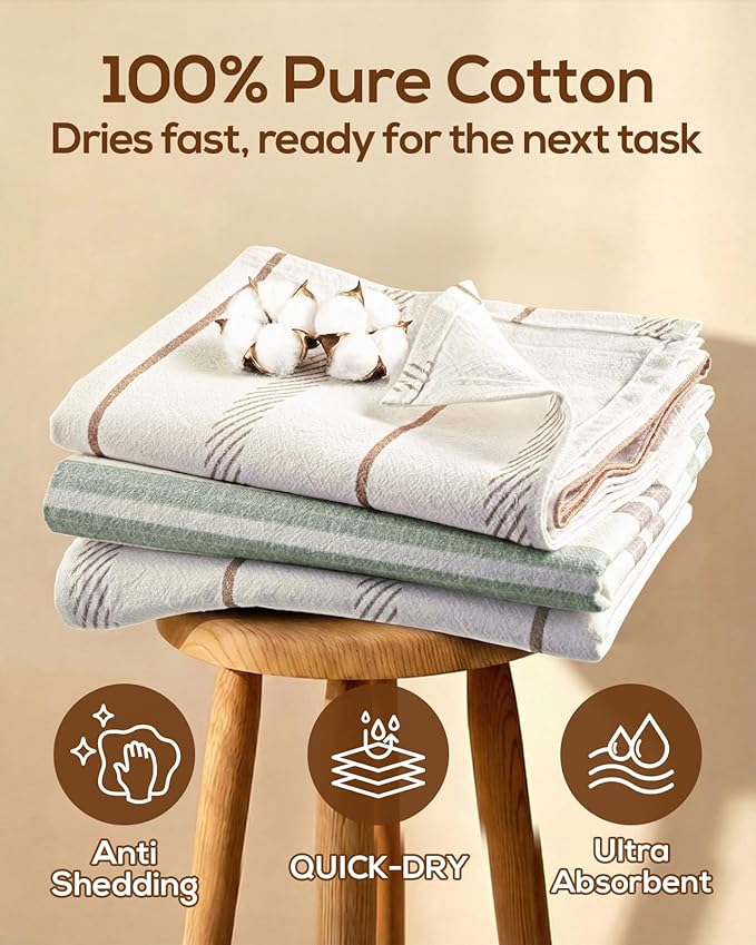 Miss Adola Neutral Flour Sack Kitchen Towels - 3 Pack 18"x 26" Cotton Farmhouse Fast Drying Decorative Hand Tea Towel Dishcloth with Hanging Loop for Home Decor Housewarming Gift, Striped