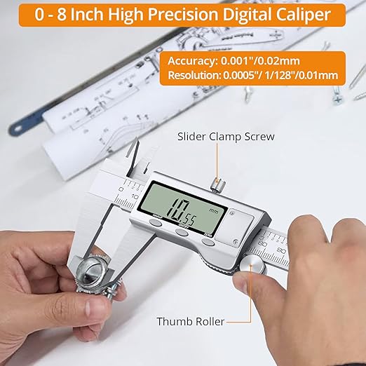 Neoteck 8 inch Digital Caliper Vernier Caliper Stainless Steel LCD Display Digital Caliper Measuring Tool with Fraction/Inch/MM Conversion Used for Inside and Outside Diameter,Depth,Step Measurement