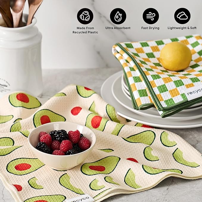 RECYCO Waffle Kitchen Towel Set of 2 - Quick Dry Microfiber Sustainable Dish Towels - Ultra Absorbent Reusable Cleaning Tea Towels - Lightweight Hand Towels,16”x 28”, Avocado Vibes