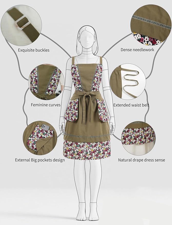 Pinknoke Kitchen Aprons for Women with Pockets Cute Vintage Chef Pinafore Apron for Gardening Cooking Baking Painting