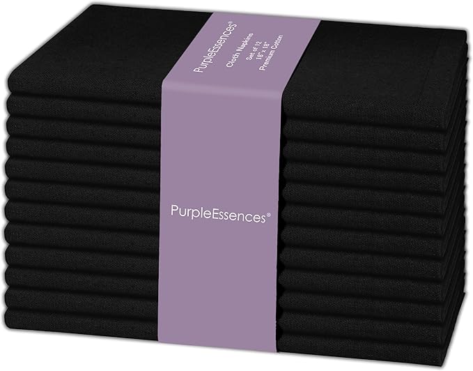 PurpleEssences Set of 12 Cloth Dinner Napkins 100% Cotton 18x18 Inch - Soft Durable Washable - Ideal for Farmhouse Party Spring Easter Summer - Perfect Everyday Use Table Linen - Black