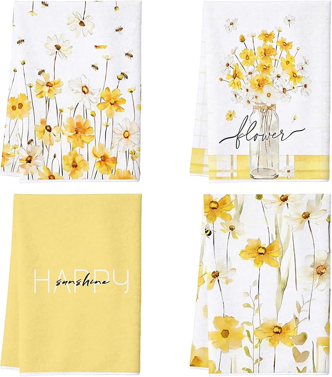 Yellow Floral Kitchen Towels Set of 4 – 16x24 Inch Cute Watercolor Daisy Bee Dish Towels, Soft Absorbent Hand Towels for Kitchen, Spring Summer Home Decor, Housewarming & Birthday Gift for Women