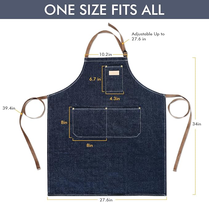 ROTANET Denim Work Apron with 3 Pockets Jean Shop Aprons for Chef Hairstylist Kitchen Woodworking for Men Women Blue Black