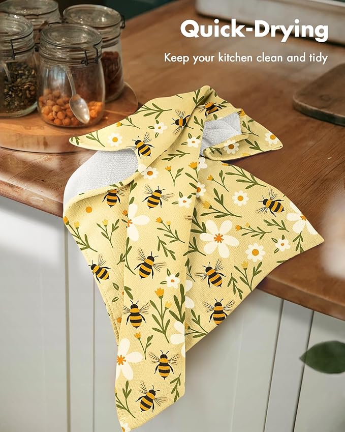 Miss Adola Cotton Kitchen Towels Set of 2 - Cute Design 16×26 Inch Dish Towels for Kitchen with Hanging Loop Bee Quick Dry Hand Towels Soft & Absorbent, Home Decorative,Terry Cloth Tea Towels