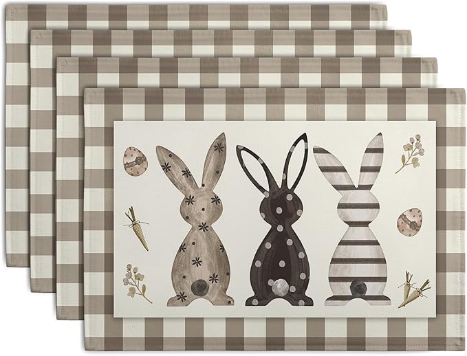 Easter Bunny Buffalo Plaid Placemats Set of 4 Rabbit Spring Egg Dining Table Placemats 12x18 Inch Check Brown White Heat Resistant Washable Table Mats for Kitchen Dining Holiday Indoor