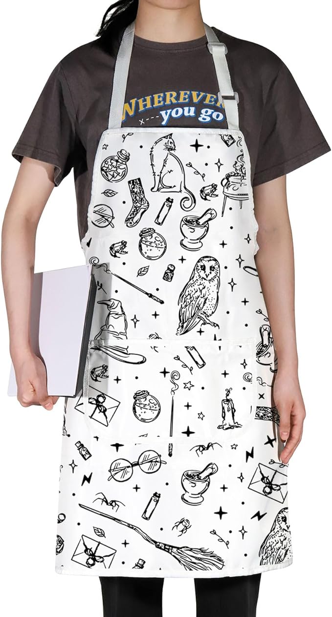 WZMPA Magic Wizard Kitchen Apron With Pockets Spooky Witch Gift Gothic Magic Adjustable Apron For Cooking Baking Grilling