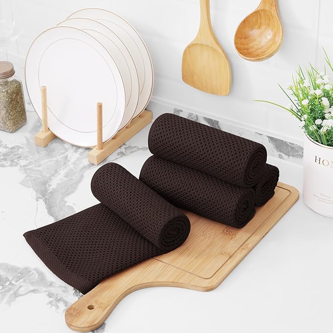 Kitinjoy 100% Cotton Waffle Weave Kitchen Hand Towels (13 X 28 Inches, Dark Brown), 12-Pack Super Soft and Absorbent Dish Towel for Drying Dishes
