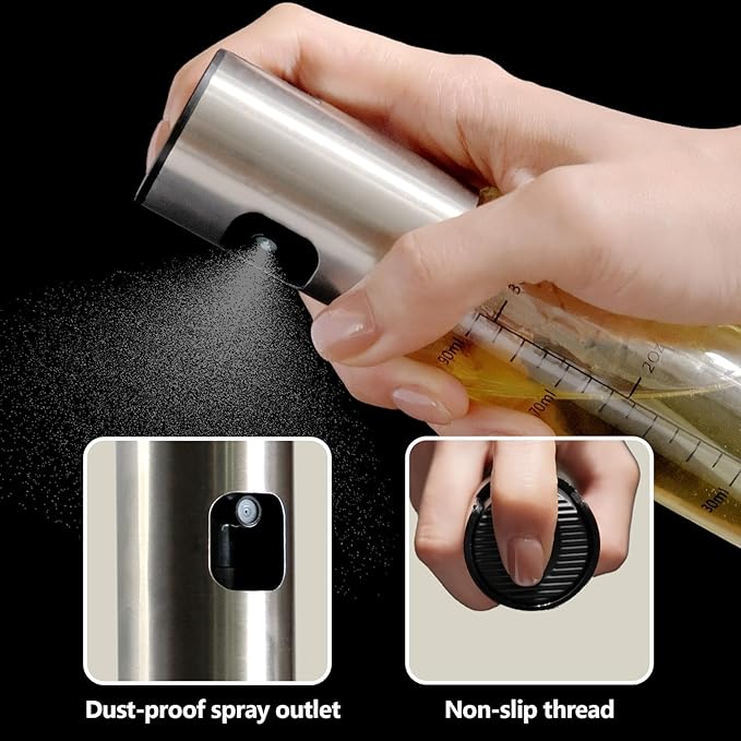 Oil Sprayer for Cooking, 3.5 OZ Olive Oil Dispenser Bottle for Kitchen Gadgets, Food, Air Fryer, Salad, Vinegar, BBQ, Stainless Steel Pump for Mist Spray, Glass Metarial Mister, 100 ML