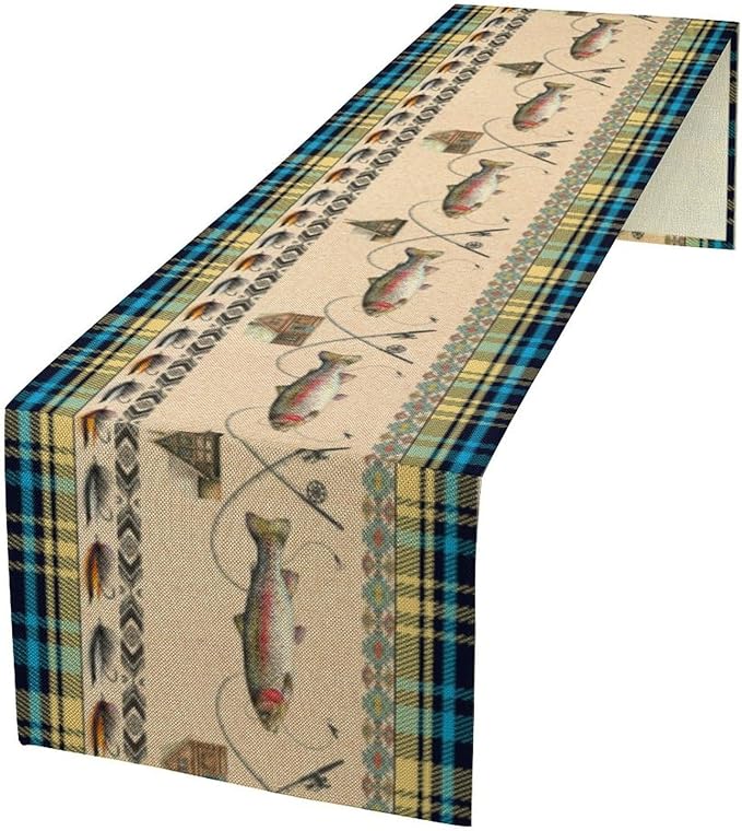 Rustic Cabin Fishing Table Runner Retro Hunting Southwestern Check Blue Art Printed Runner for Home Kitchen Dining Table Living Room Decor Fabric 1 Panel W13xL120in