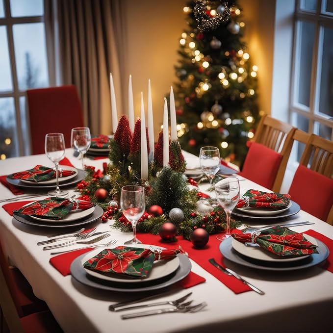 Qeeenar 12 Pcs Christmas Poinsettia Cloth Napkin 20 x 20 Inch Poinsettia Cloth Napkins Washable Dinner Guest Napkins for Christmas Holiday Xmas Thanksgiving Dinner Party Supplies, Set of 12