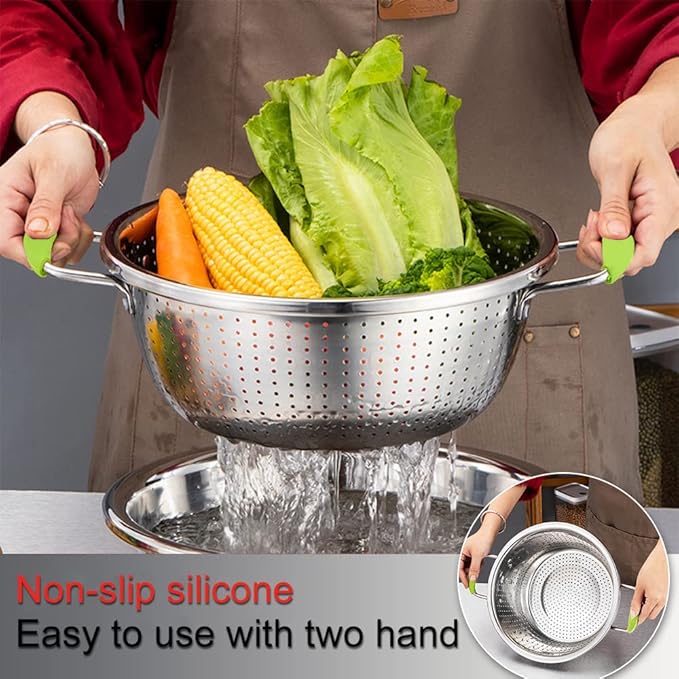 Stainless Steel Deep Colander Micro-perforated 2.5 Quart Metal Food Strainer with Green Silicone Handles for Draining Pasta Cleaning Food like Fruit