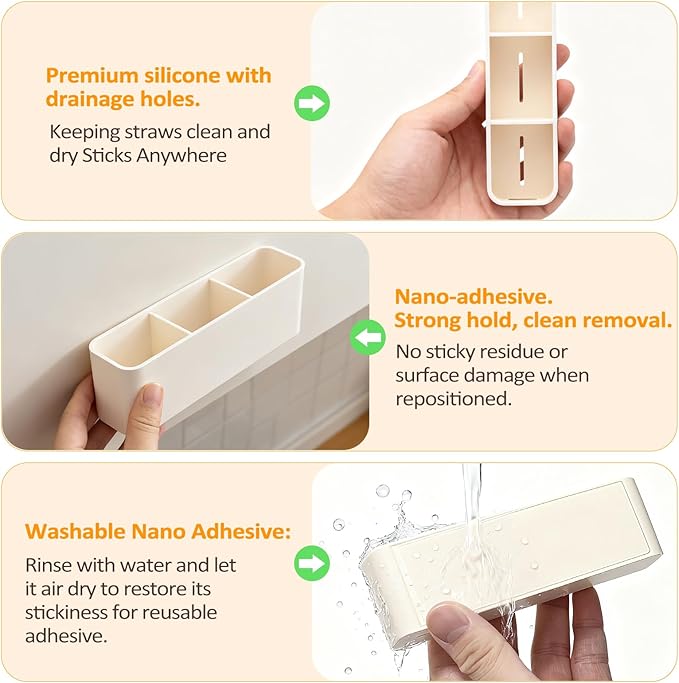 MoodLife 2-Pack Silicone Straw Holder for Cabinet Door,Reusable Adhesive Container for Kitchen Storage Solutions, Cupboard Organizer and Space Saving Hacks (White)