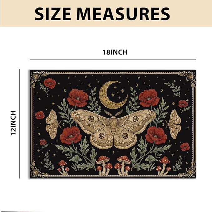 Black Poppy Moth Moon Placemats Set of 4, Floral Spring Table Mats for Outdoor Home Party Kitchen Dining Decor, Washable Non-Slip Heat Resistant Place Mats,Gothic Gifts for Women Mom Friend 12x18 Inch
