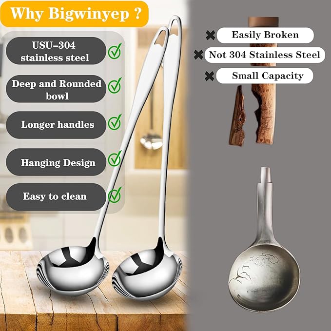 Stainless Steel Soup Ladle, Metal Ladle for Soup, Large Soup Serving Spoon for Buffet, Cooking, Party, Kitchen, Silver