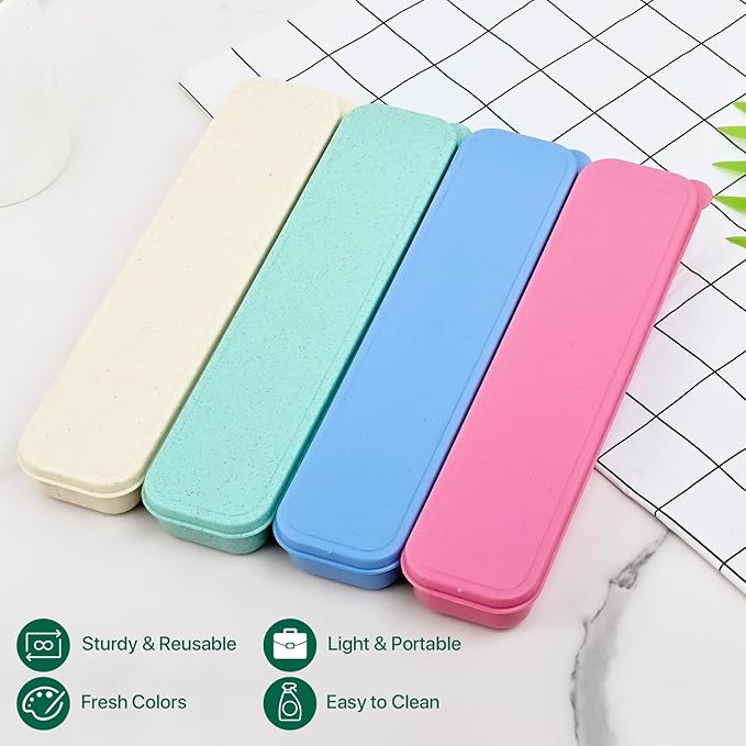 Travel Cutlery Case Portable Utensil Holder Large Travel Silverware Case Flatware Storage Box Camping Utensils Cutlery Cases for Fork Spoon Chopsticks Lunch Box, 9.6 x 2.1 inches (Blue, Pink)