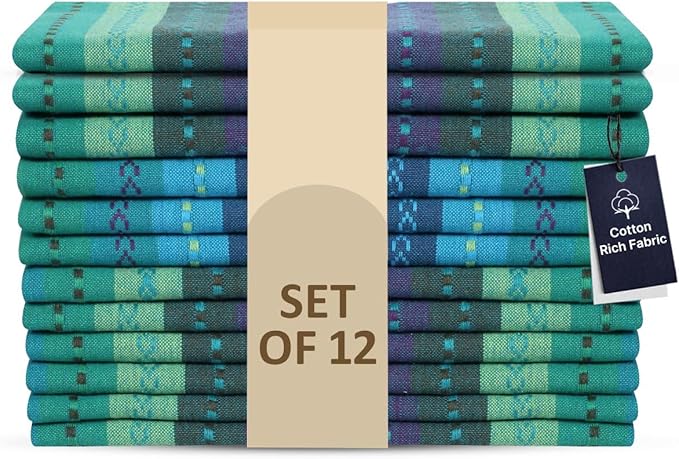LFH Home Cotton Rich Cloth Salsa Napkin Set of 12 Washable Soft Durable Striped Table Napkins for Dining Wedding, Daily Use Reusable Eco-Friendly Fabric Napkins (18x18)-Teal Thanks Giving