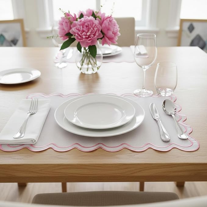 HunnmingRe Set of 6 Cotton Linen Placemats, 13x19 Inch Scalloped Wavy Embroidery Placemat Double Layered Washable Rustic Rectangle Dinner Table Mats for Wedding Home Decor(White with Pink)