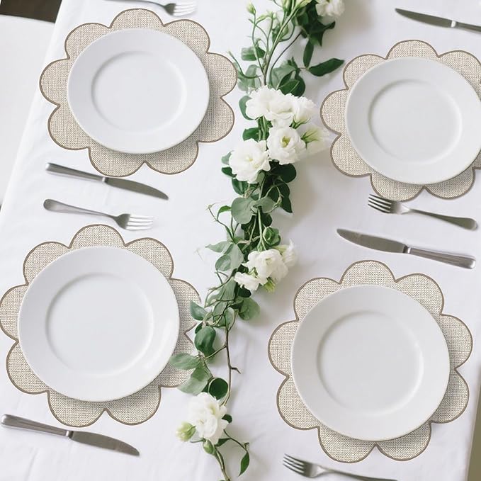 SK Studio Set of 4 Cotton Linen Placemats, 15x15 Round Scalloped Cloth Table Mats, Embroidery Double Layered Washable Dining Placemat for Hotel Restaurant Kitchen, Beige