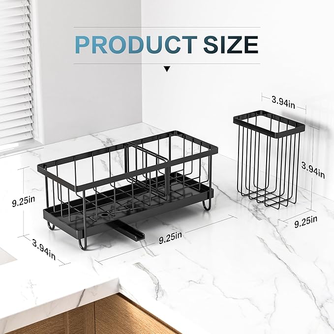 Kitchen Sink Sponge Holder & Soap Caddy - Countertop Dish Rack Space, Self-Draining Tray, Keeps Sponges & Soap Organized Black